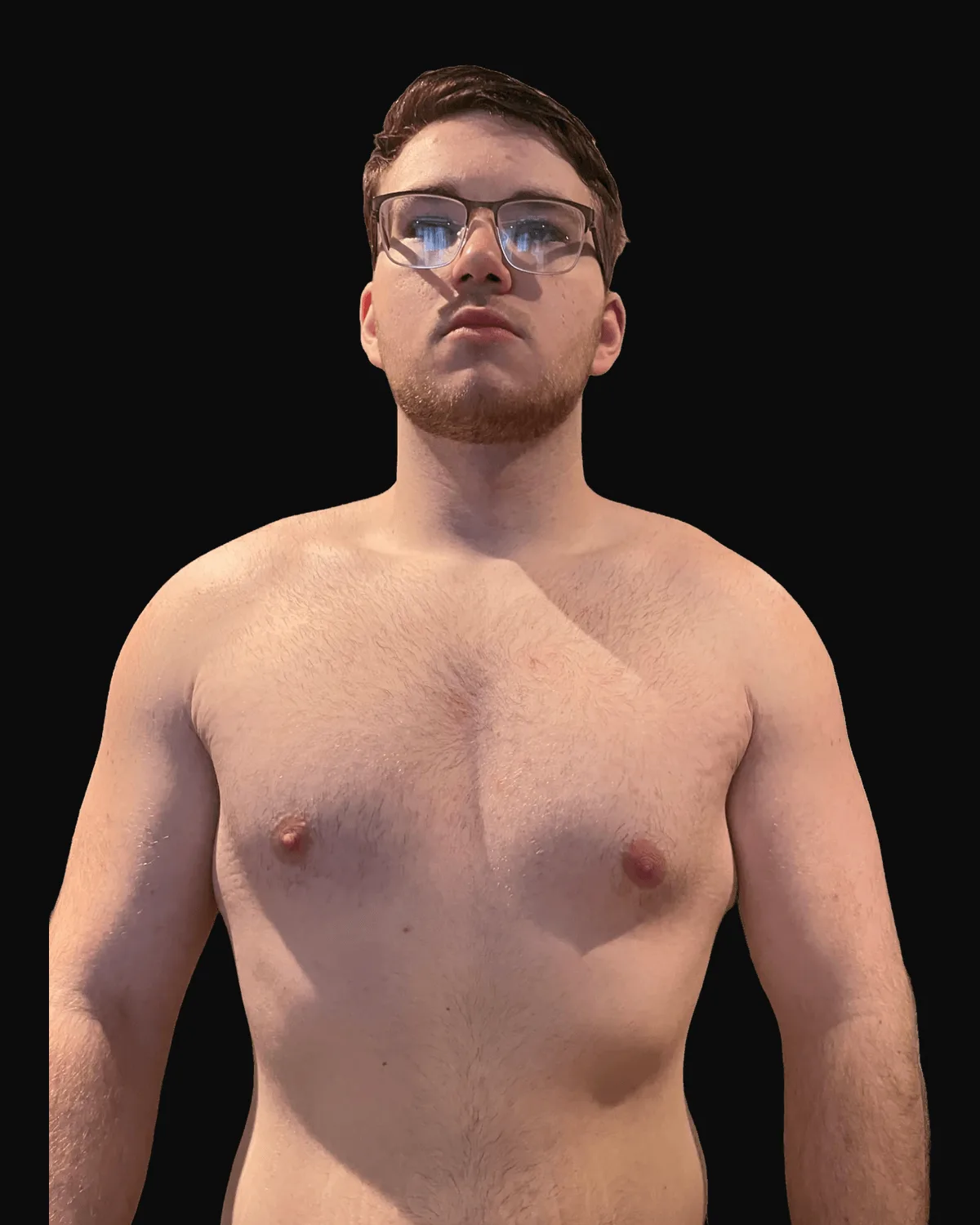 Manuel before he started training, shirtless and heavier, wearing glasses