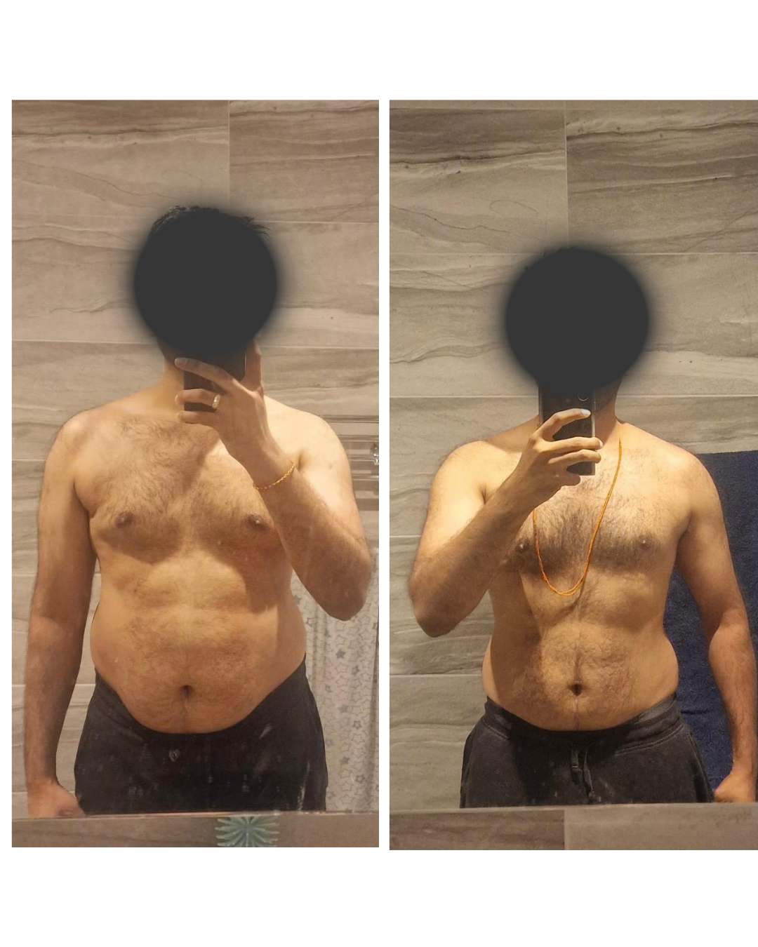 Client before and after: less around the middle, more through the chest and shoulders