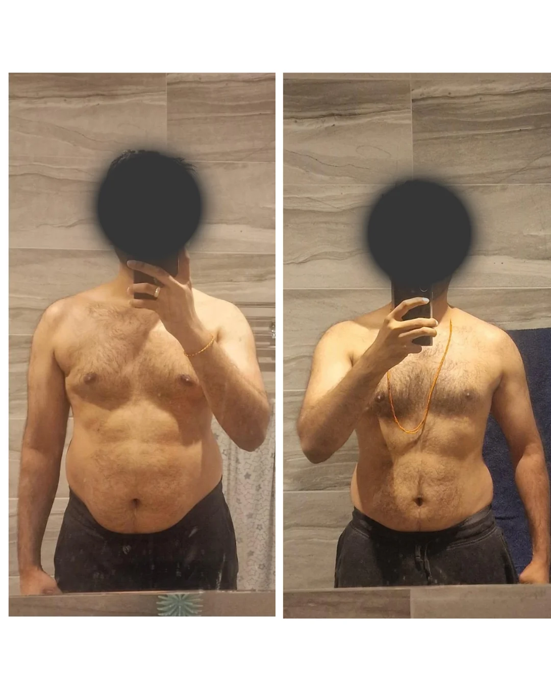 Client before and after 12 weeks of structured training, going from 78kg to 73.6kg
