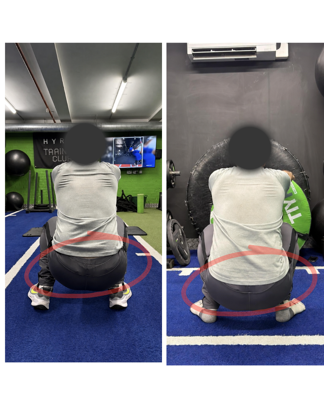 The same squat before and after coaching: heels flat on the floor and knees tracking over the feet